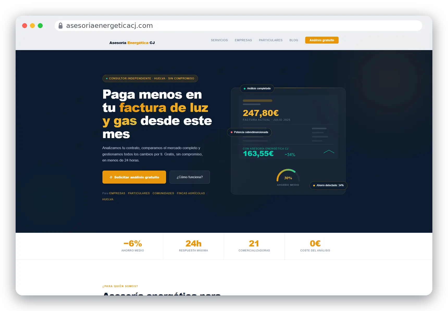 Captura real de la web de Asesoría Energética CJ