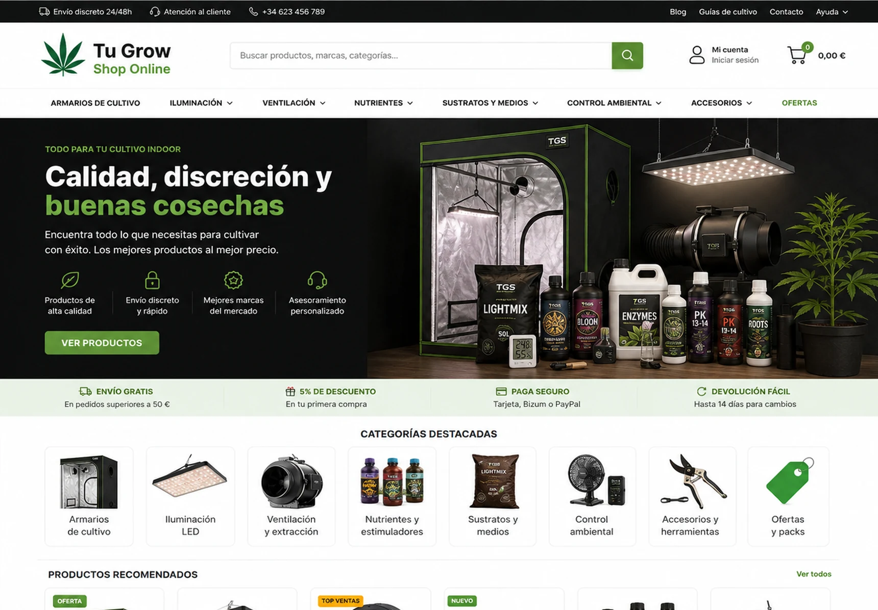 Captura real de la tienda Tu Grow Shop Online